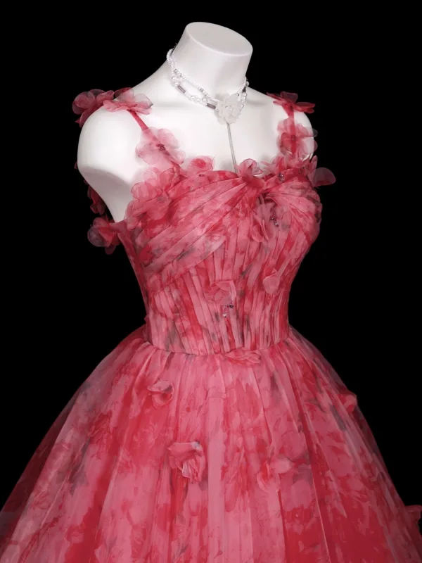 Fancy Candy Pink Floral Appliques Prom Dresses 2025 Ball Gown Spaghetti Straps Sleeveless Backless Floor-Length / Long Prom Formal Dresses