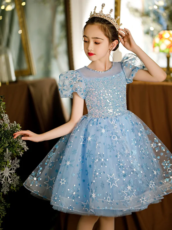 Sparkly Sky Blue Star Sequins Short Flower Girl Dresses 2022 Short Sleeve A-Line / Princess Scoop Neck Prom