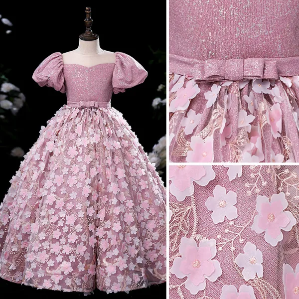 Chic / Belle Rougissant Rose En Dentelle Fleur Appliques Promo Robe Ceremonie Fille 2022 Robe Boule Encolure Dégagée Gonflée Manches Courtes Ceinture Noeud Longue Robe Ceremonie Fille