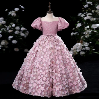 Lovely Candy Pink Glitter Lace Flower Appliques Flower Girl Dresses 2024 Ball Gown Birthday Scoop Neck Puffy Short Sleeve Floor Length Long
