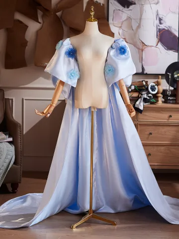 Elegant Himmelen Blå Håndlaget Appliques Ball Satin Sjal Korte Ermer 2026
