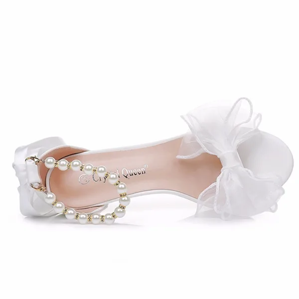 Sexy Blanche Perle Bride Cheville Noeud Chaussure De Mariée 2025 8 cm Talons Aiguilles Peep Toes / Bout Ouvert Mariage Sandales Talons Hauts