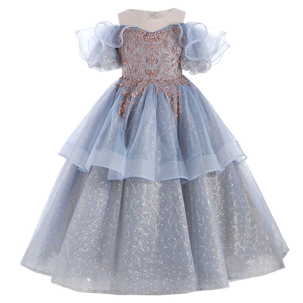 Chic / Beautiful Ocean Blue Glitter Beading Sequins Cascading Ruffles Birthday Flower Girl Dresses 2024 A-Line / Princess Scoop Neck Short Sleeve Floor-Length / Long Tulle