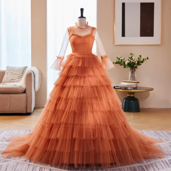 Mode Orange Plissée Robe De Bal 2023 Robe Boule Col Haut Manches De Cloche Train De Balayage Promo Robe De Ceremonie