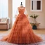 Fashion Orange Pleated Prom Dresses 2023 Ball Gown High Neck Bell sleeves Sweep Train Prom Formal Dresses