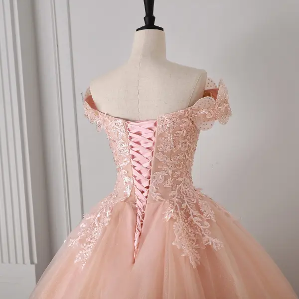 Élégant Rougissant Rose Fait main Perlage Paillettes En Dentelle Fleur Robe De Bal 2026 Robe Boule De l'épaule Sans Manches Dos Nu Longue Tulle Robe De Ceremonie