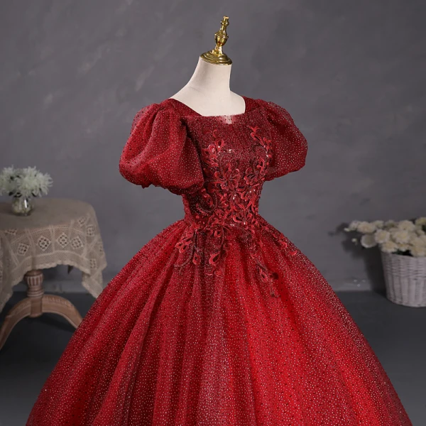 Bling Bling Burgundy Sequins Lace Flower Prom Dresses 2023 Square Neckline Puffy Short Sleeve Backless Floor-Length / Long Prom Formal Dresses