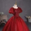 Bling Bling Burgundy Sequins Lace Flower Prom Dresses 2023 Square Neckline Puffy Short Sleeve Backless Floor-Length / Long Prom Formal Dresses