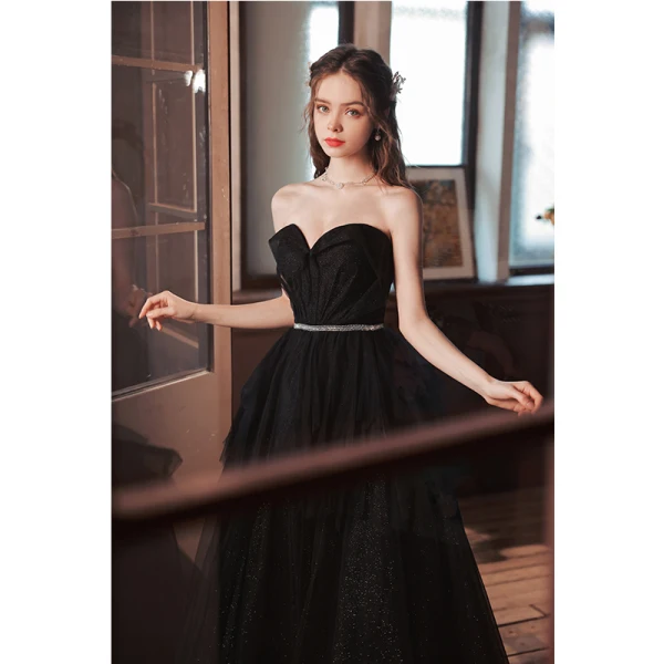 Charming Black Sequins Prom Dresses 2022 A-Line / Princess Organza Strapless Sleeveless Backless Rhinestone Sash Floor-Length / Long Prom Formal Dresses