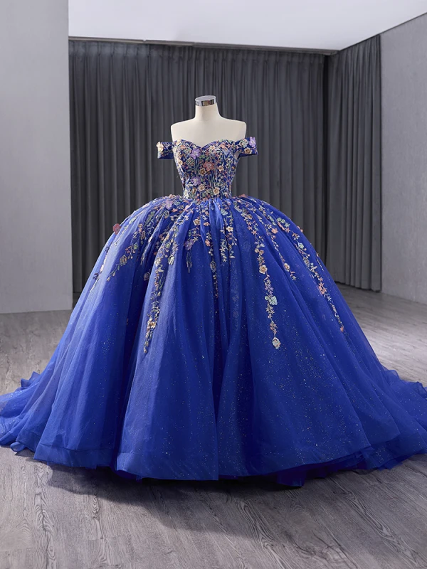 Vintage / Retro High-end Royal Blue Lace Flower Quinceañera Prom Dresses 2024 Ball Gown Off-The-Shoulder Sleeveless Backless Court Train Prom Formal Dresses