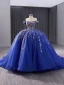 Vintage / Retro High-end Royal Blue Lace Flower Quinceañera Prom Dresses 2024 Ball Gown Off-The-Shoulder Sleeveless Backless Court Train Prom Formal Dresses
