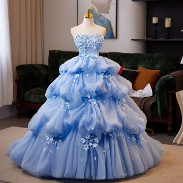 Charming Sky Blue Pearl Appliques Cascading Ruffles Prom Dresses 2025 Ball Gown Strapless Sleeveless Backless Sweep Train Formal Dresses