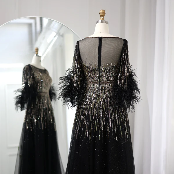 High-end Black Handmade Beading Sequins Feather Prom Dresses 2024 A-Line / Princess Scoop Neck 1/2 Sleeves Floor-Length / Long Prom Formal Dresses