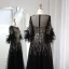 High-end Black Handmade  Beading Sequins Feather Prom Dresses 2024 A-Line / Princess Scoop Neck 1/2 Sleeves Floor-Length / Long Prom Formal Dresses