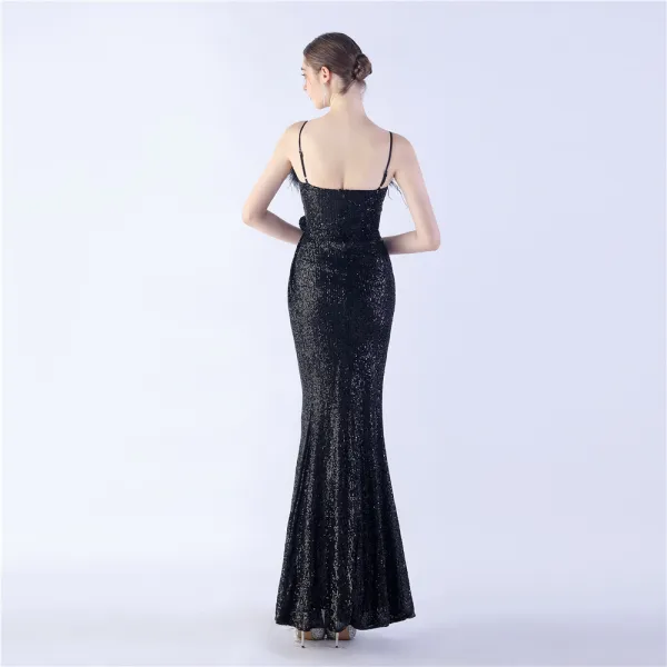 Charmant Bleu Marine Paillettes Fendue devant Robe De Soirée 2024 Trompette / Sirène Bretelles Spaghetti Gland Sans Manches Dos Nu Longue Soirée Robe De Ceremonie