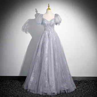 Elegantes Azul Cielo Rebordear Largos Vestidos De Gala 2024 A Line Princess Escote Cuadrado Manga Corta Sin Espalda Bowknot Gala Vestidos Formales