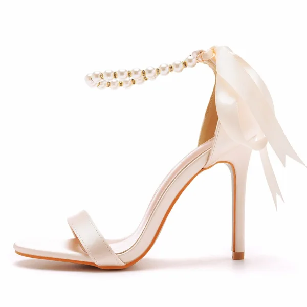 Élégant Blanche Perle Bride Cheville Noeud Soirée Sandales Femme 2023 10 cm Talons Aiguilles Talons Hauts Peep Toes / Bout Ouvert Sandales