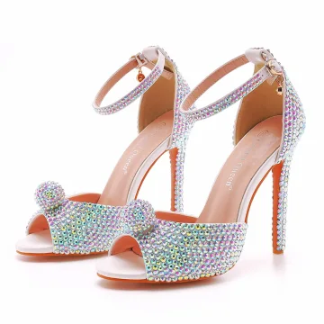 Glitter Multi Kleuren Rhinestone Avond Sandalen Dames 2022 Enkelband 11 Cm Naaldhakken Stiletto Peep Toe Sandalen Hoge Hakken