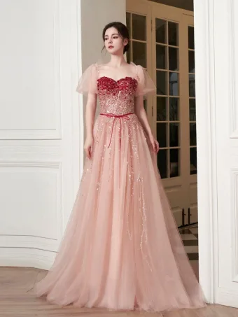 Chic Belle Rougissant Rose Perlage Paillettes Robe De Bal 2025 Princesse Encolure Carrée Manches Courtes Dos Nu Longue Robe De Ceremonie