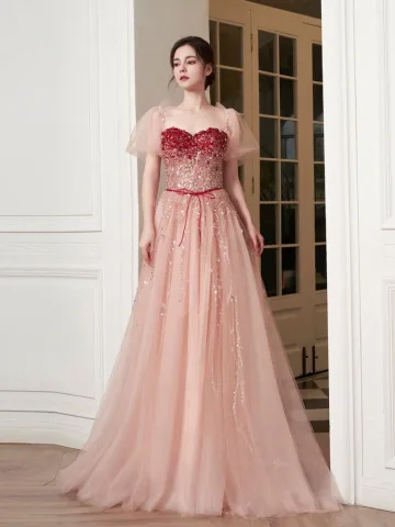 Chic Beautiful Blushing Pink Beading Sequins Prom Dresses 2025 A Line Princess Square Neckline Short Sleeve Backless Floor Length Long Formal Dresses