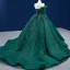 High-end Dark Green Handmade  Beading Prom Dresses 2022 Ball Gown Strapless Backless Long Sleeve Chapel Train Prom Formal Dresses