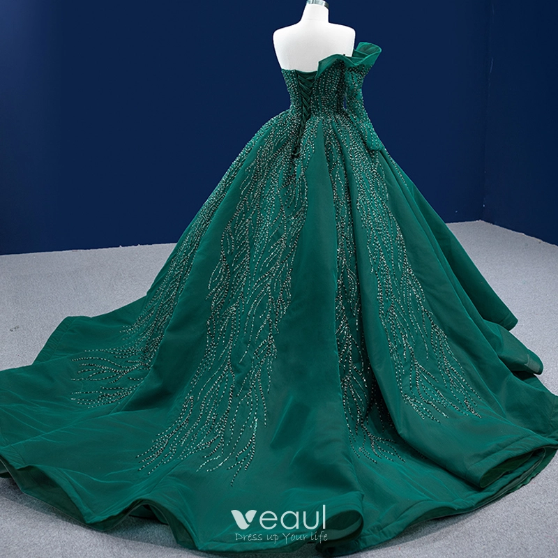 open lace back dress Green Rhinestones Velvet Trumpet Long Train Prom Dress main image 1