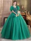 Vintage / Retro Dark Green Beading Glitter Prom Dresses 2024 Ball Gown V-Neck Puffy Short Sleeve Backless Floor-Length / Long Prom Formal Dresses