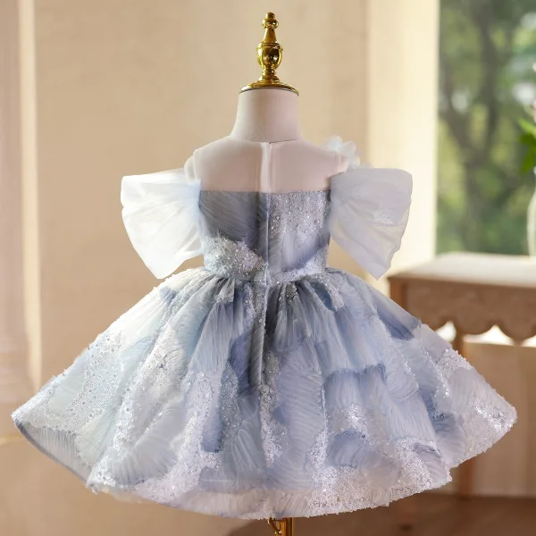 Chic / Beautiful Sky Blue Beading Appliques Sequins Birthday Short Flower Girl Dresses 2025 Ball Gown Scoop Neck Puffy Short Sleeve Flower Girl Dresses