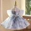 Chic / Beautiful Sky Blue Beading Pearl Sequins Birthday Flower Girl Dresses 2025 Ball Gown Scoop Neck Short Sleeve Floor-Length / Long