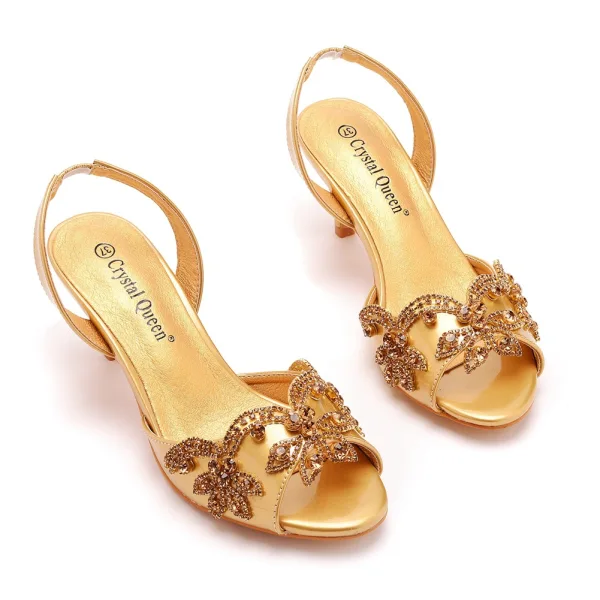 Charmant Gold Abend Strass Sandalen Damen 2023 6 cm Stilettos Peeptoes Sandaletten Hochhackige