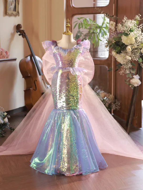 Unusual Blushing Pink Multi-Colors Sequins Birthday Flower Girl Dresses 2024 Trumpet / Mermaid Scoop Neck Sleeveless Backless Bow Detachable Sweep Train