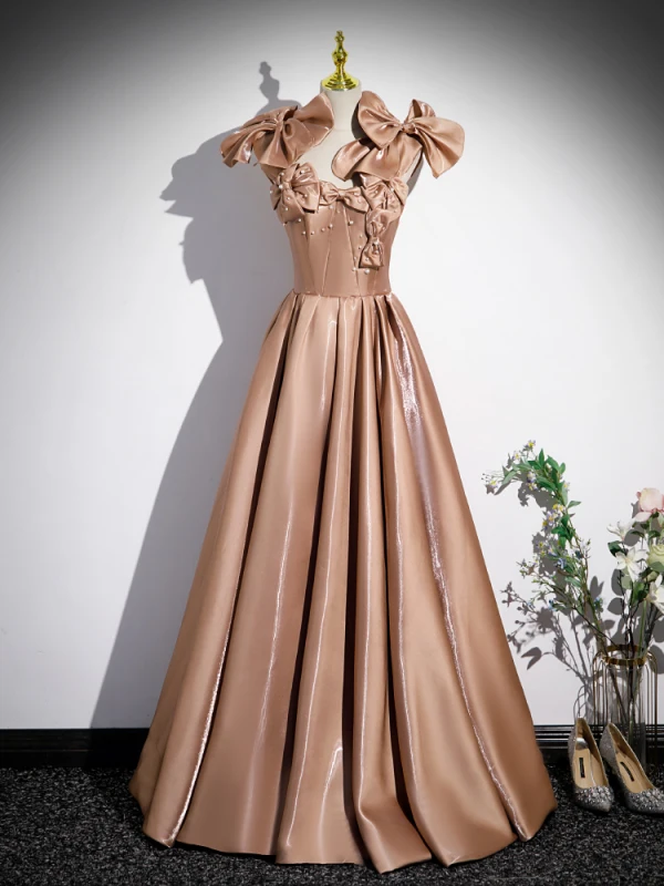 Chic / Beautiful Champagne Bow Pearl Prom Dresses 2023 A-Line / Princess Strapless Sleeveless Backless Floor-Length / Long Prom Formal Dresses