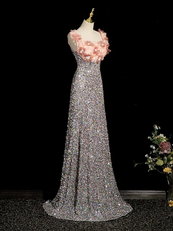 Scintillantes Rougissant Rose Appliques Paillettes Robe De Bal 2023 Princesse Encolure Carrée Sans Manches Dos Nu Train De Balayage Promo Robe De Ceremonie