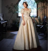 Vintage Blanco Perla Con Encaje Flor Vestidos De Novia 2024 A-Line / Princess Scoop Escote Hinchado Manga Corta Sin Espalda Largos Boda