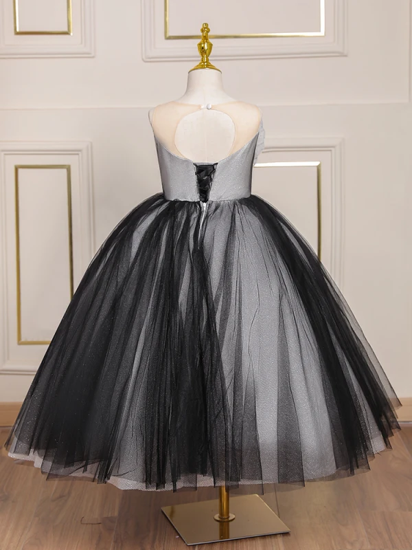 Charmant Noire Anniversaire Paillettes Noeud Robe Ceremonie Fille 2023 Robe Boule Bustier Sans Manches Dos Nu Thé Longueur