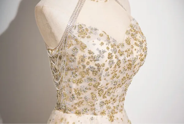 Sparkly Champagne Rhinestone Sequins Prom Dresses 2024 A-Line / Princess High Neck Sleeveless Backless Floor-Length / Long Prom Formal Dresses