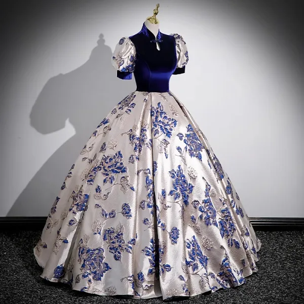 Chinese style Vintage / Retro Navy Blue Printing Prom Dresses 2023 Ball Gown High Neck Short Sleeve Floor-Length / Long Prom Formal Dresses
