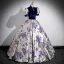 Chinese style Vintage / Retro Navy Blue Printing Prom Dresses 2023 Ball Gown High Neck Short Sleeve Floor-Length / Long Prom Formal Dresses