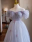 Chic / Beautiful Lavender Beading Appliques Prom Dresses 2024 A-Line / Princess Off-The-Shoulder Short Sleeve Backless Floor-Length / Long Tulle Prom Formal Dresses