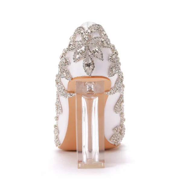 Charmant Blanche Cristal Chaussure De Mariée 2022 9 cm Talons Épais Faux Diamant À Bout Pointu Mariage Escarpins Talons Hauts