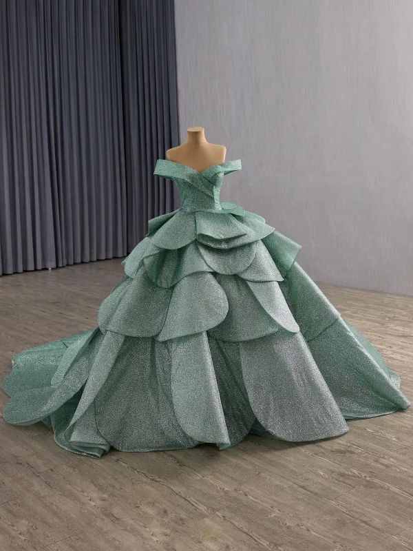 Luxury / Gorgeous Mint Green Cascading Ruffles Sequins Prom Dresses 2025 Ball Gown Off-The-Shoulder Sleeveless Backless Royal Train Formal Dresses