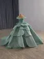 Luxury / Gorgeous Mint Green Cascading Ruffles Sequins Prom Dresses 2025 Ball Gown Off-The-Shoulder Sleeveless Backless Royal Train Formal Dresses