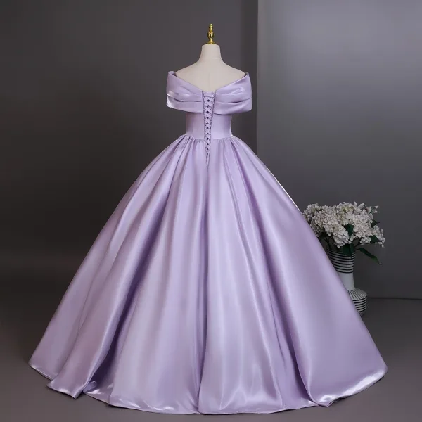 Elegant Lavender Beading Sequins Prom Dresses 2026 Ball Gown Off-The-Shoulder Short Sleeve Backless Floor-Length / Long Formal Dresses