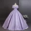 Elegant Lavender Beading Sequins Prom Dresses 2026 Ball Gown Off-The-Shoulder Short Sleeve Backless Floor-Length / Long Formal Dresses