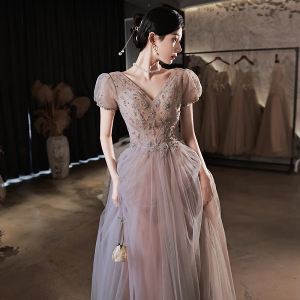 Chic Beautiful Dusky Pink Prom Dresses 2022 A-Line Princess V-Neck Beading Short Sleeve