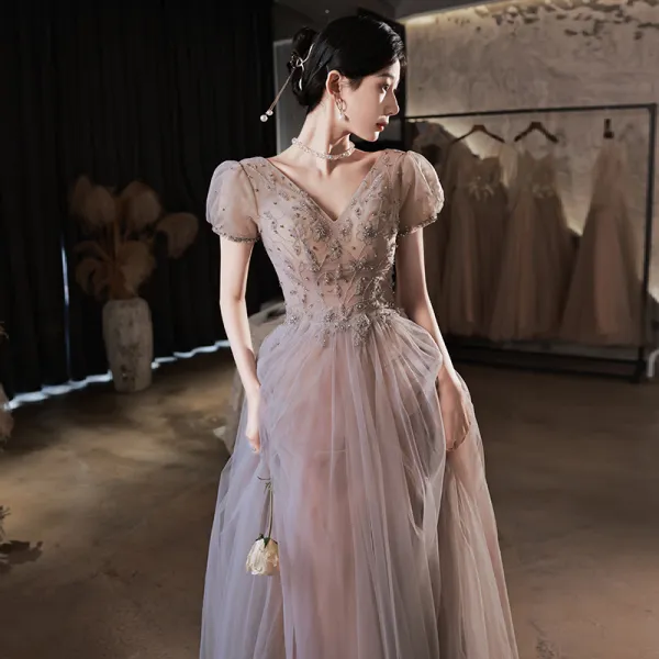 Chic Beautiful Dusky Pink Prom Dresses 2022 A Line Princess V Neck Beading Short Sleeve Backless Floor Length Long Prom Formal Dresses
