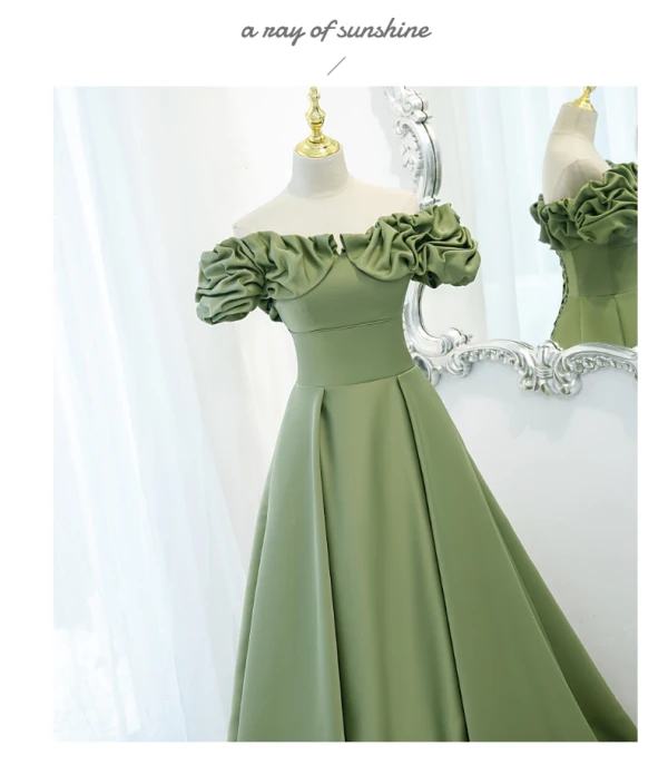 Vintage / Retro Solid Color Satin Green Ruffle Prom Dresses 2021 A-Line / Princess Off-The-Shoulder Crossed Straps Floor-Length / Long Formal Dresses