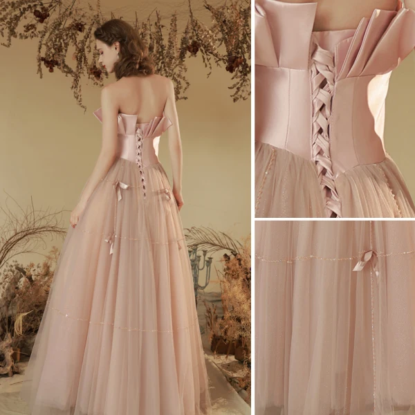 Charmant Rougissant Rose Perlage Robe De Soirée 2023 Princesse Bustier Noeud Sans Manches Dos Nu Longue Soirée Robe De Ceremonie