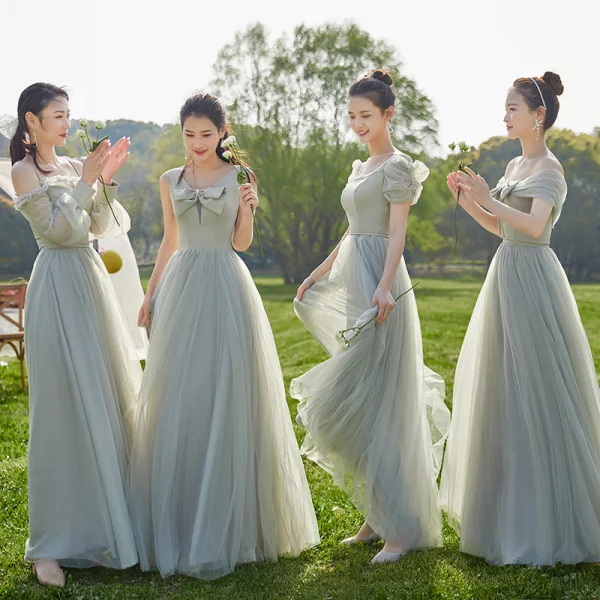 Modest / Simple Mint Green Bow Bridesmaid Dresses 2022 A-Line / Princess Short Sleeve Backless Floor-Length / Long Wedding Party Dresses