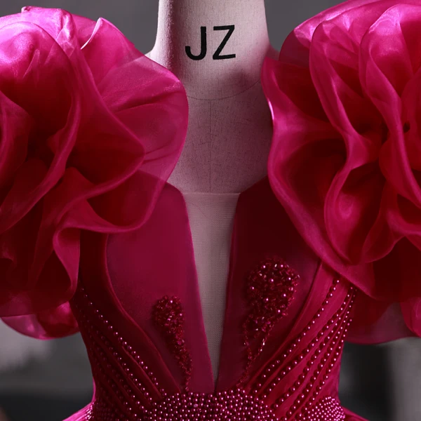 Vintage / Retro Ethnic Fuchsia Beading Prom Dresses 2023 Ball Gown Scoop Neck Ruffle Short Sleeve Backless Floor-Length / Long Prom Formal Dresses